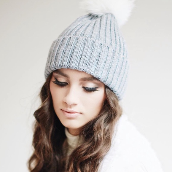 Salted Grey & White Pompom Fur Beanie - Picture 2 of 2
